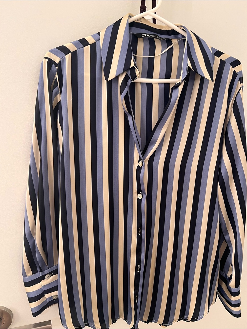 Zara Navy and Cream Vertical Stripe blouse